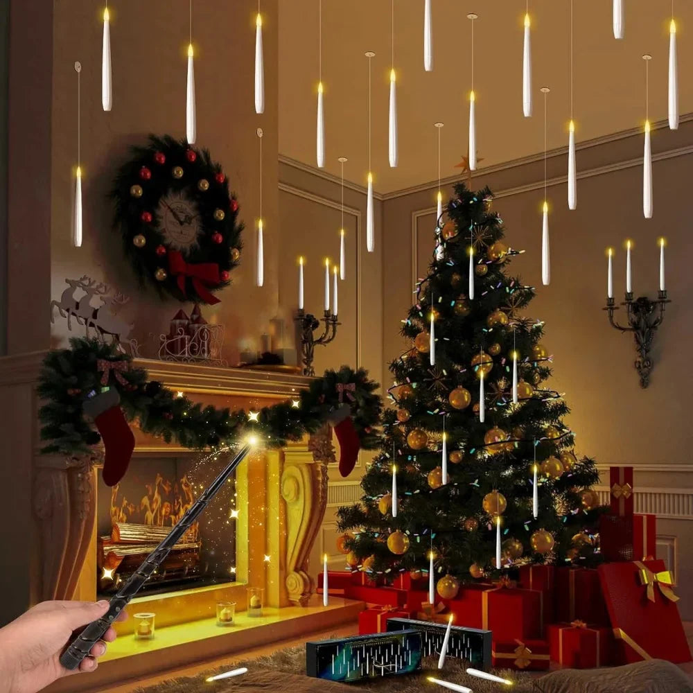 10pcs/12pcs  floating electronic candles with wands, warm light atmosphere, flameless LED cone-shaped candle holder decoration