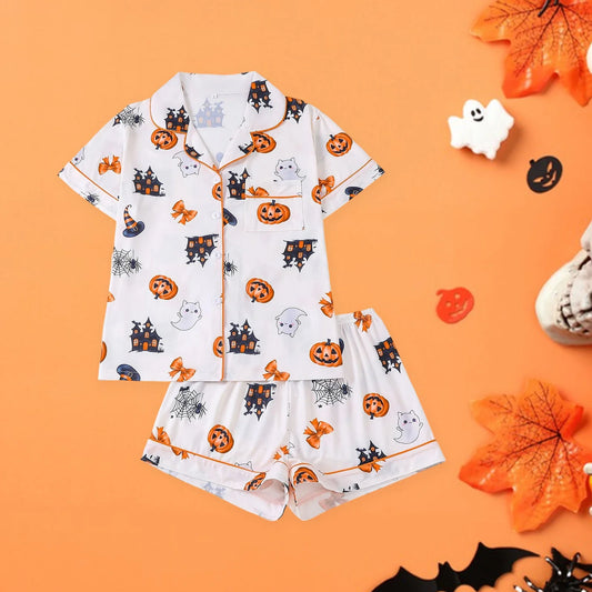 Women Halloween Pajama Set Pumpkin Print Short Sleeve Button Closure Top with Shorts Sleepwear Loungewear