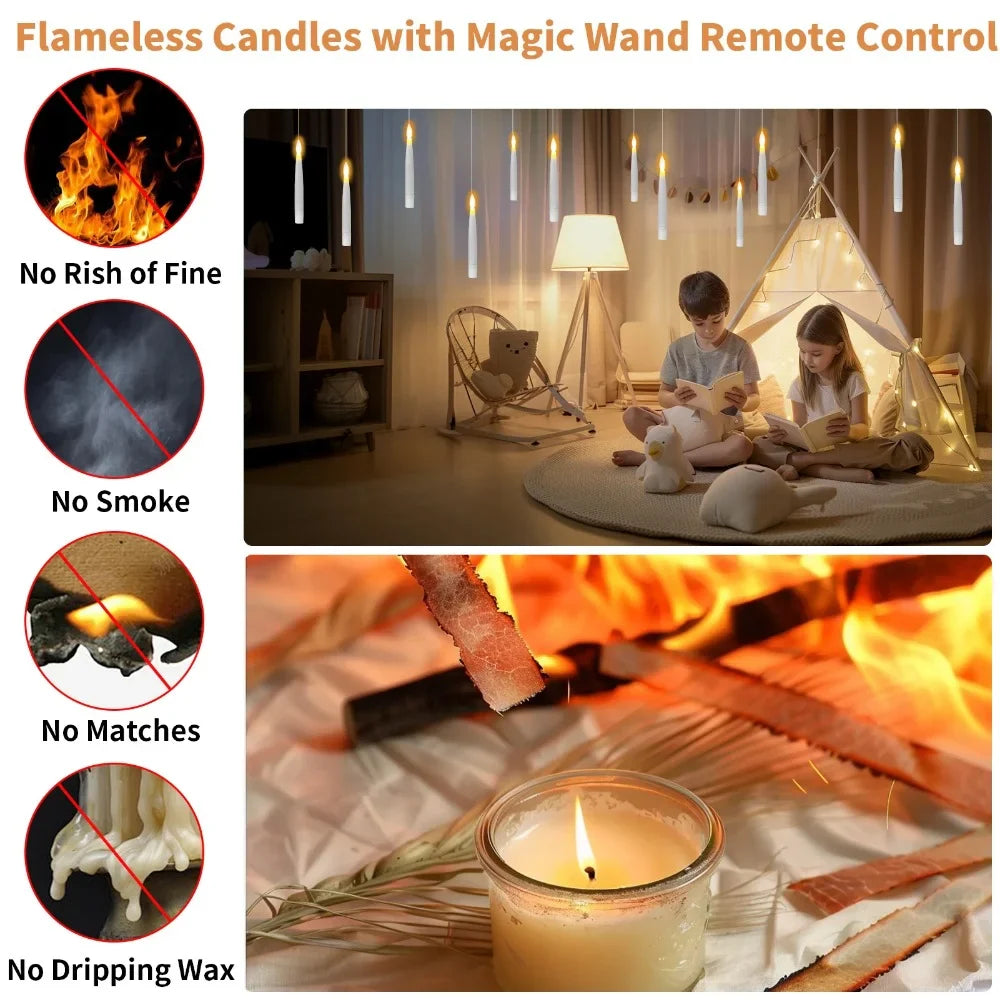 10pcs/12pcs  floating electronic candles with wands, warm light atmosphere, flameless LED cone-shaped candle holder decoration