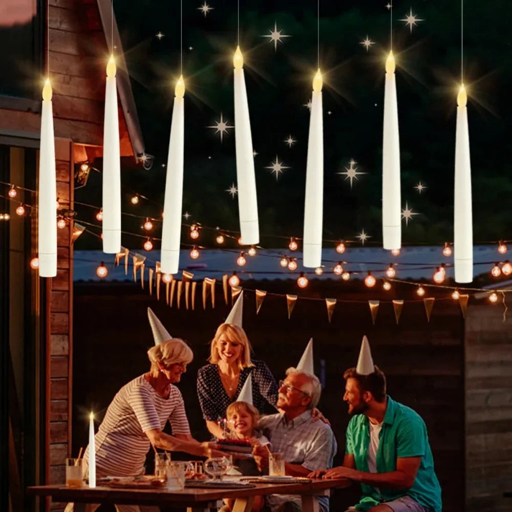 10pcs/12pcs  floating electronic candles with wands, warm light atmosphere, flameless LED cone-shaped candle holder decoration