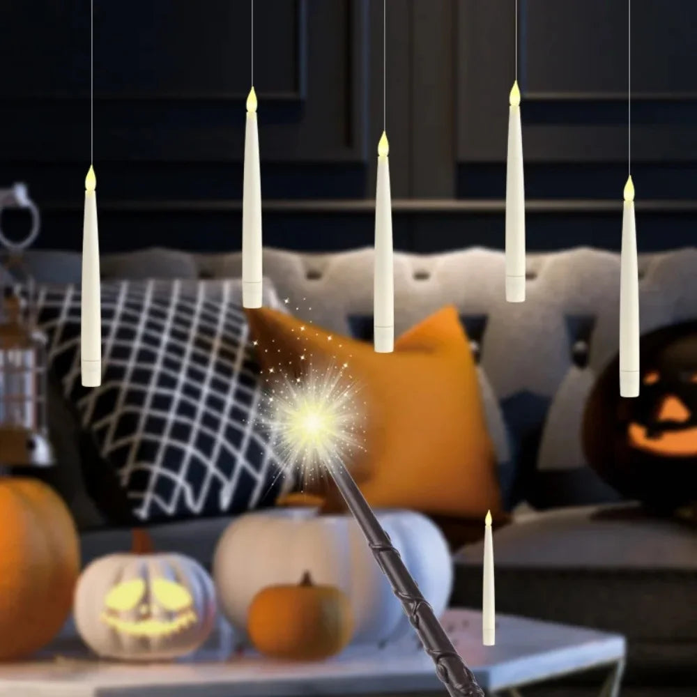 10pcs/12pcs  floating electronic candles with wands, warm light atmosphere, flameless LED cone-shaped candle holder decoration